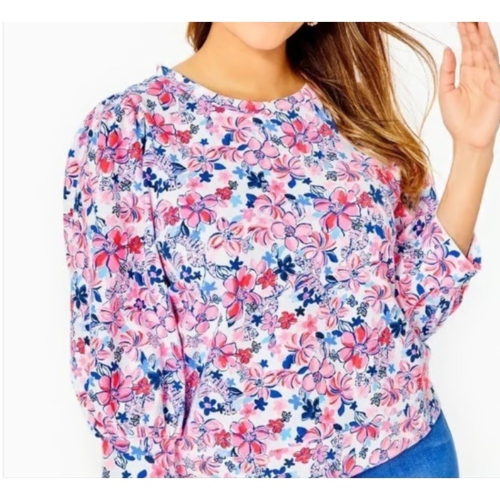 Lilly Pulitzer Cordon Floral Sweatshirt Medium 3/4 Sleeve Tropical‎ Coconut Girl